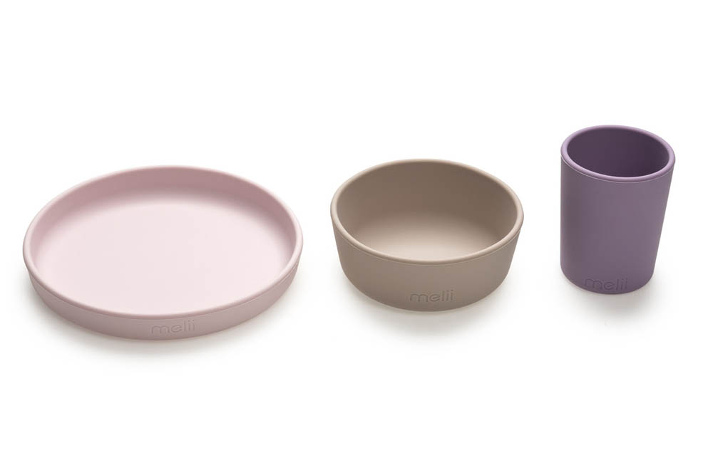 Melii - 3 Piece Silicone Feeding Set (Plate, Bowl & Cup) Purple, Pink, Grey