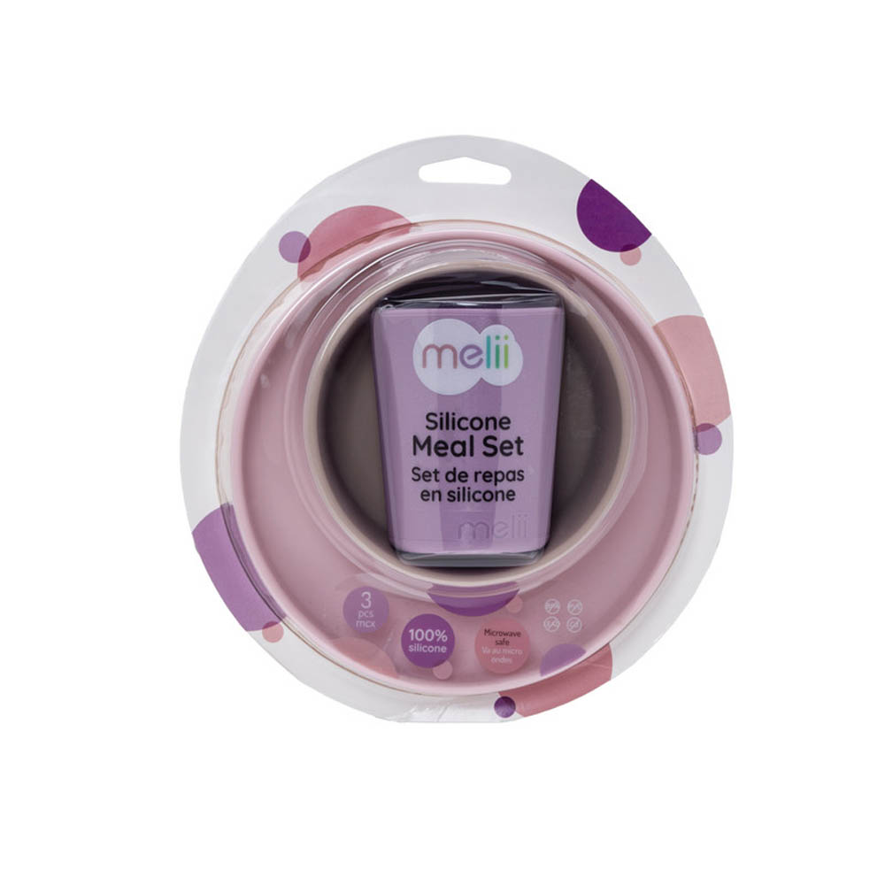 Melii - 3 Piece Silicone Feeding Set (Plate, Bowl & Cup) Purple, Pink, Grey