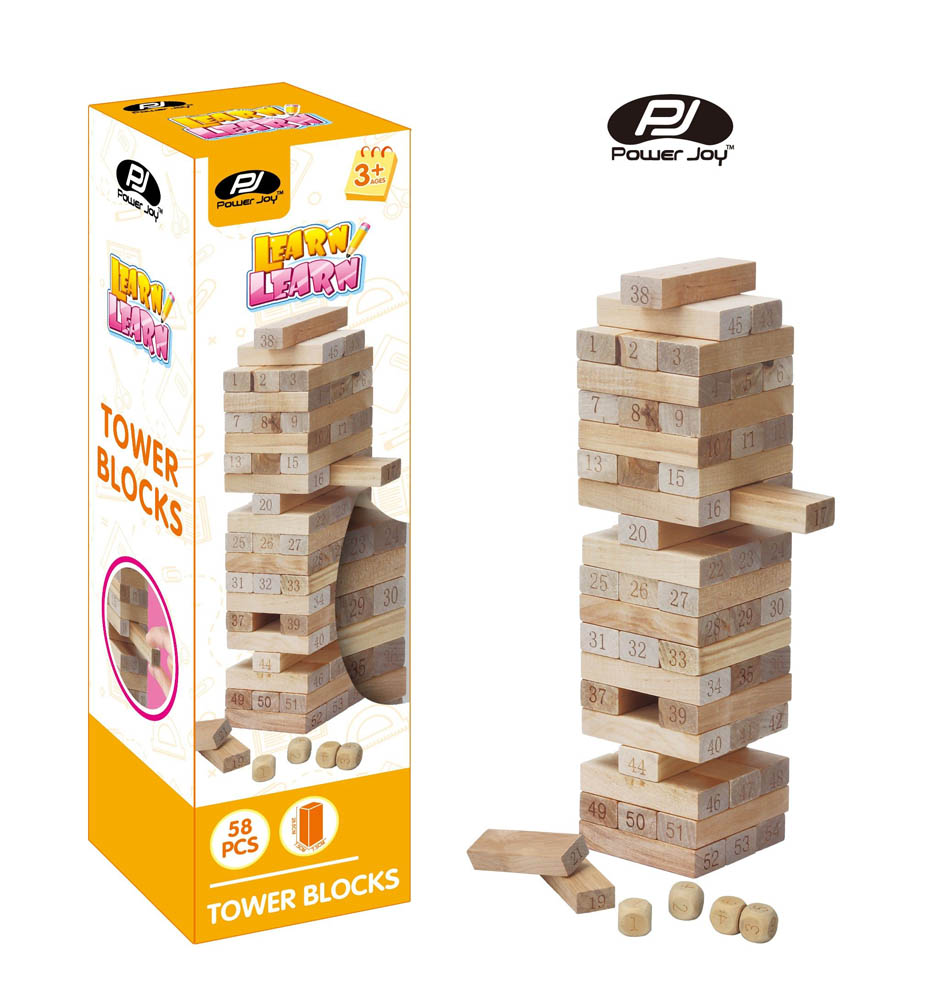 Power Joy - Wooden Tower Blocks 54 Pieces 4 Dices
