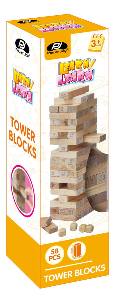 Power Joy - Wooden Tower Blocks 54 Pieces 4 Dices