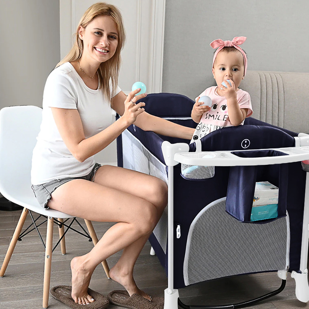 Teknum - 4 in 1 Baby Bedside Co-Sleeper Bassinet and Playpen wt Rocker Navy Blue