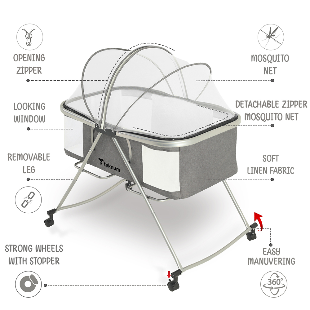 Teknum - 3-IN-1 Baby Cot/Cradle w/ Mosquito net & Wheels - Dark Grey