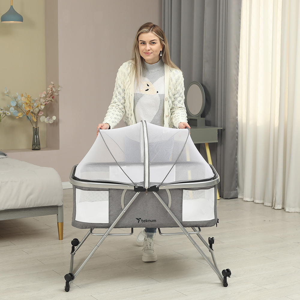 Teknum - 3-IN-1 Baby Cot/Cradle w/ Mosquito net & Wheels - Dark Grey