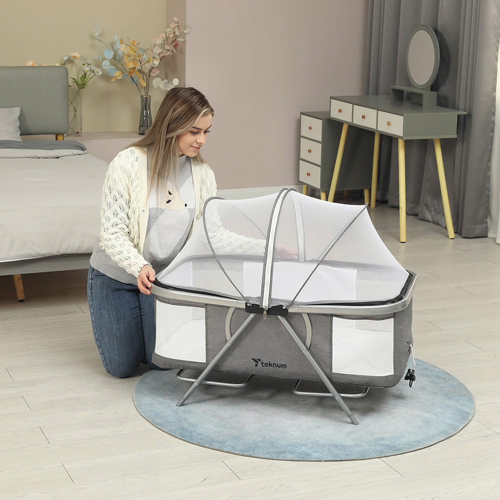 Teknum - 3-IN-1 Baby Cot/Cradle w/ Mosquito net & Wheels - Dark Grey