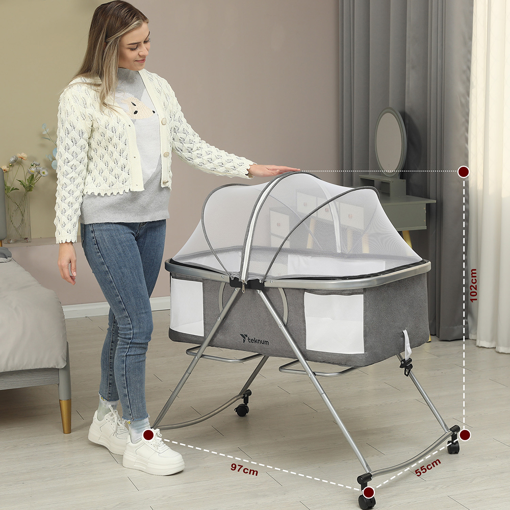 Teknum - 3-IN-1 Baby Cot/Cradle w/ Mosquito net & Wheels - Dark Grey