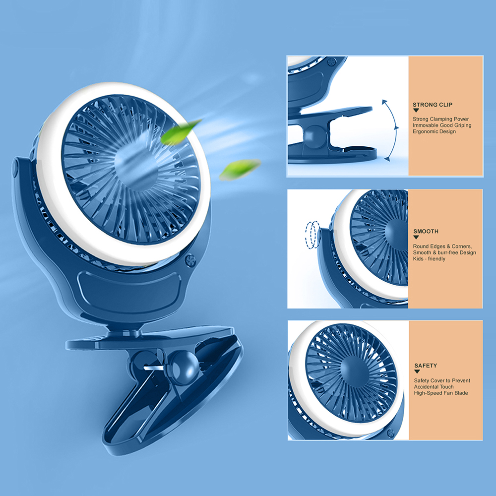 Teknum - 2-IN-1 Stroller USB Charging Fan with Light - Blue