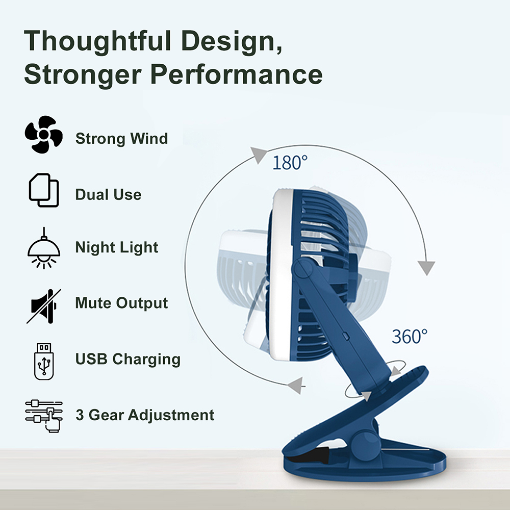 Teknum - 2-IN-1 Stroller USB Charging Fan with Light - Blue