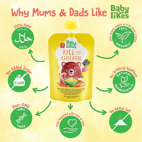 Babylikes - Halal Baby Food Pouch - Rice and Chicken Organic baby puree Stage 2- 130g