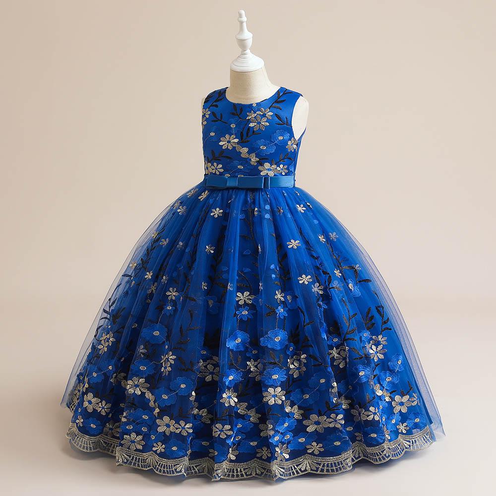 Babyqlo - Beautiful Embroidery Mesh Overlay Maxi Gown Party Dress - Royal Blue