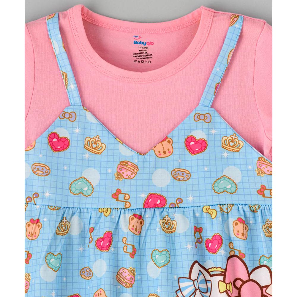 Babyqlo - Character Kitty Printed Spaghetti Strap Dress With Attached Tees For Girls - Pink