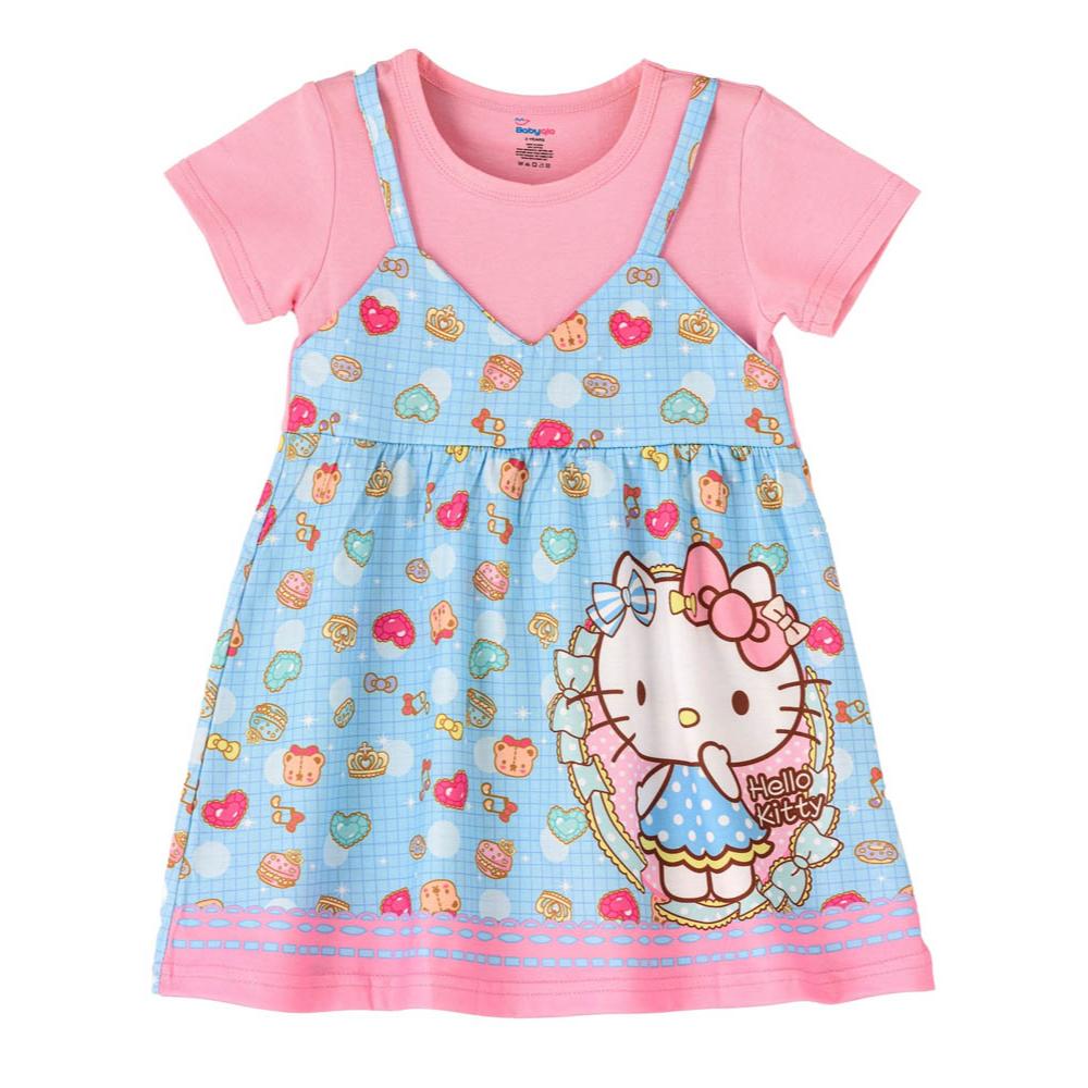 Babyqlo - Character Kitty Printed Spaghetti Strap Dress With Attached Tees For Girls - Pink