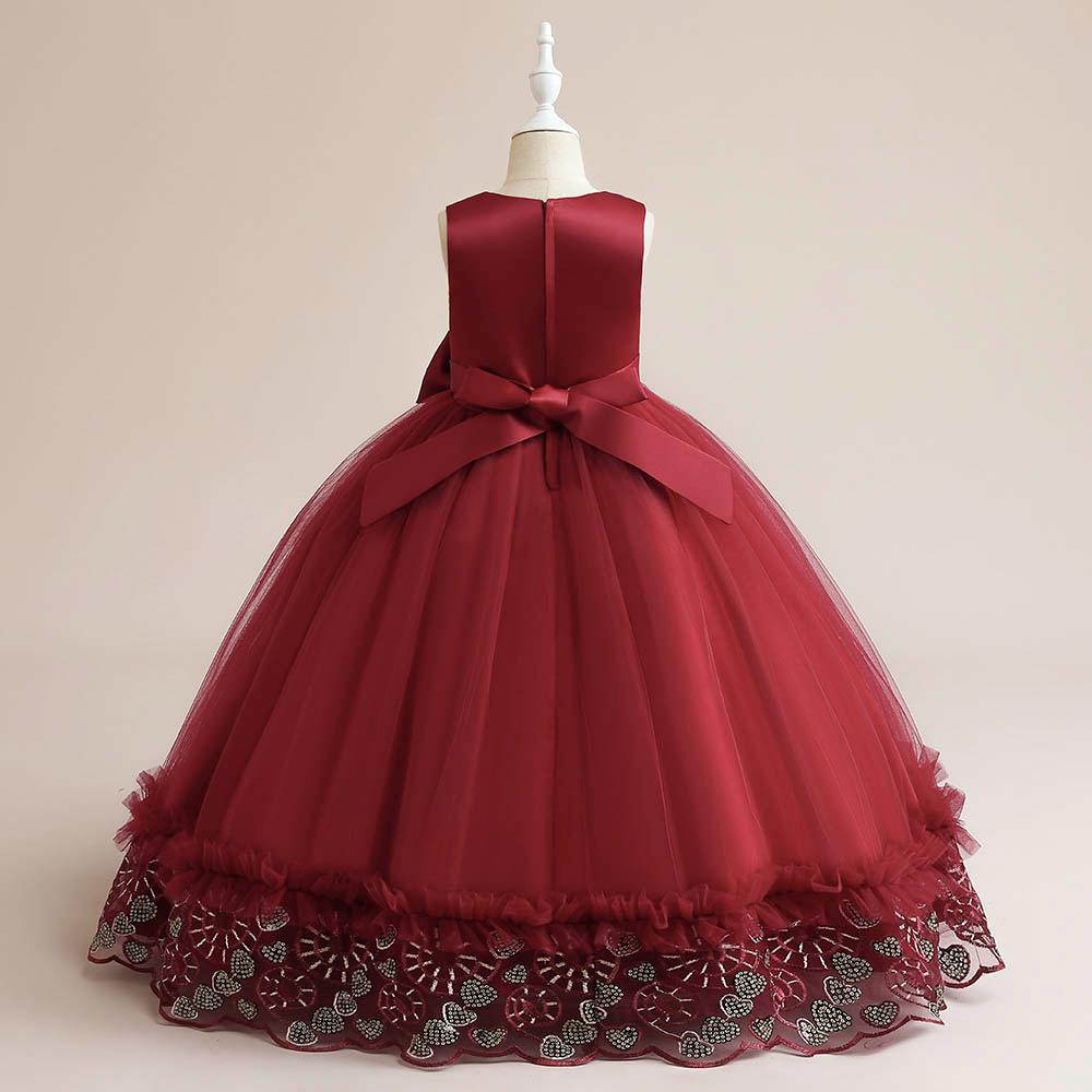 Babyqlo - Frilled Sequins Embroidery and Bow Maxi Gown Party Dress For Girls - Red