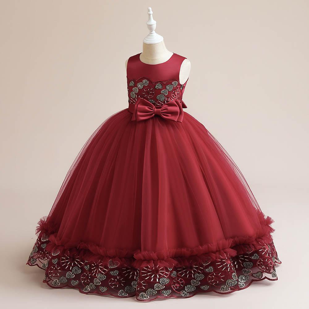 Babyqlo - Frilled Sequins Embroidery and Bow Maxi Gown Party Dress For Girls - Red