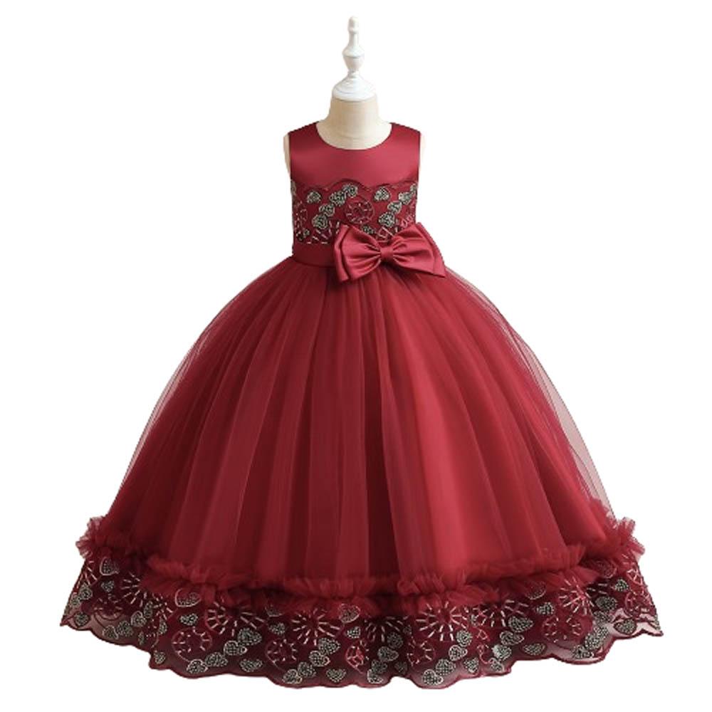 Babyqlo - Frilled Sequins Embroidery and Bow Maxi Gown Party Dress For Girls - Red