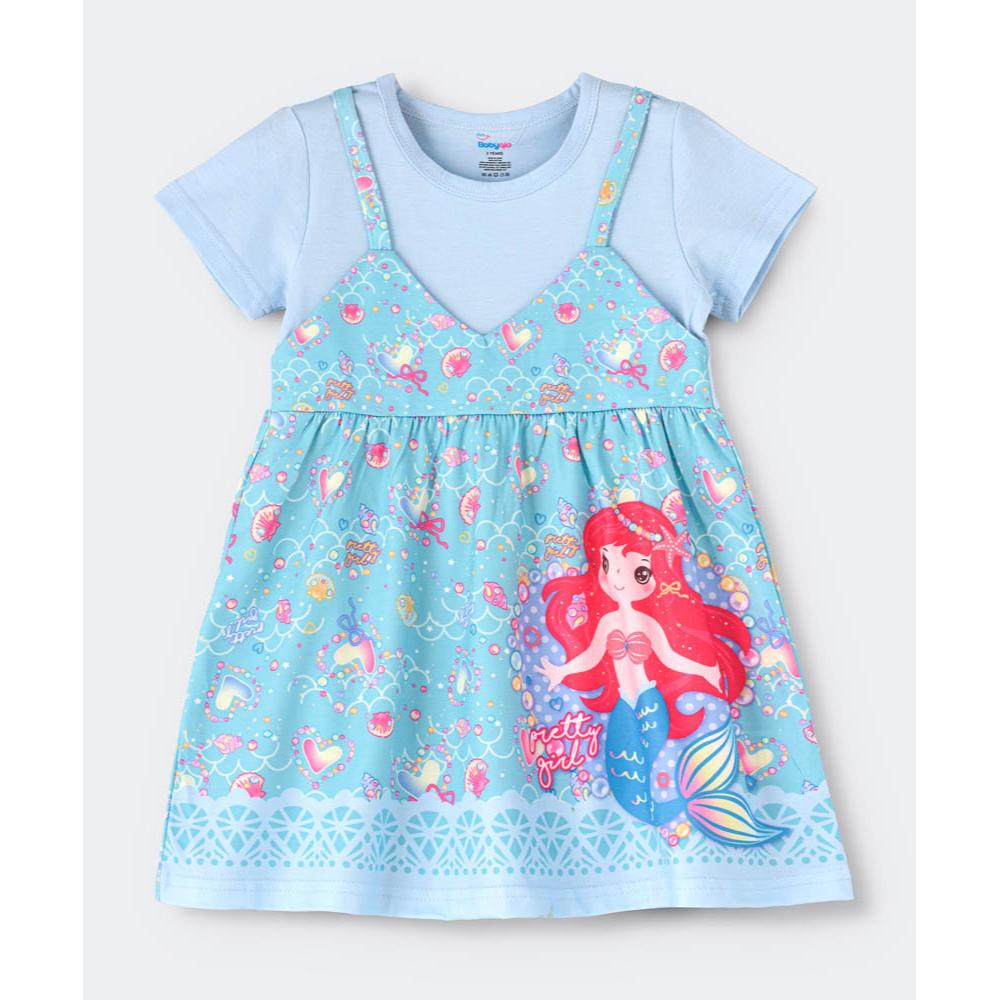 Babyqlo - Mermaid Printed Spaghetti Strap Dress With Attached Tees For Girls - Sky Blue