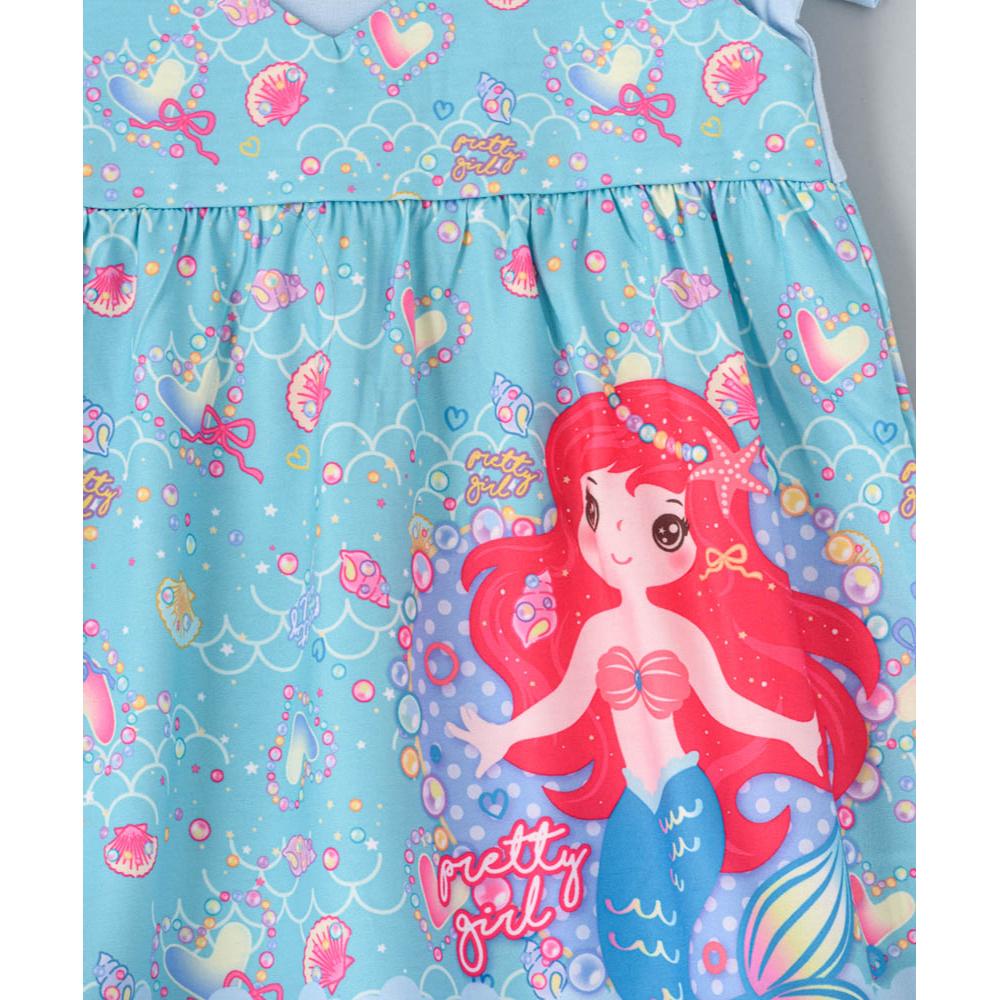Babyqlo - Mermaid Printed Spaghetti Strap Dress With Attached Tees For Girls - Sky Blue