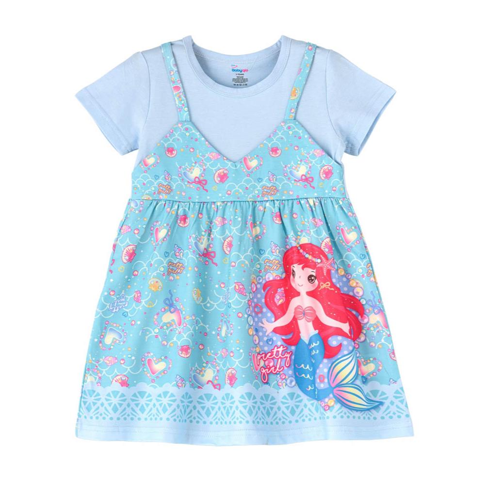 Babyqlo - Mermaid Printed Spaghetti Strap Dress With Attached Tees For Girls - Sky Blue