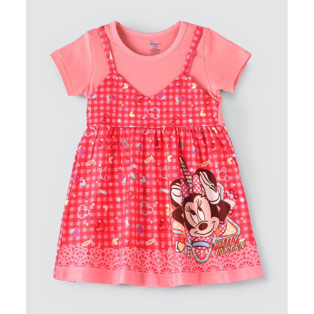 Babyqlo - Minnie Printed Spaghetti Strap Dress With Attached Tees For Girls - Red