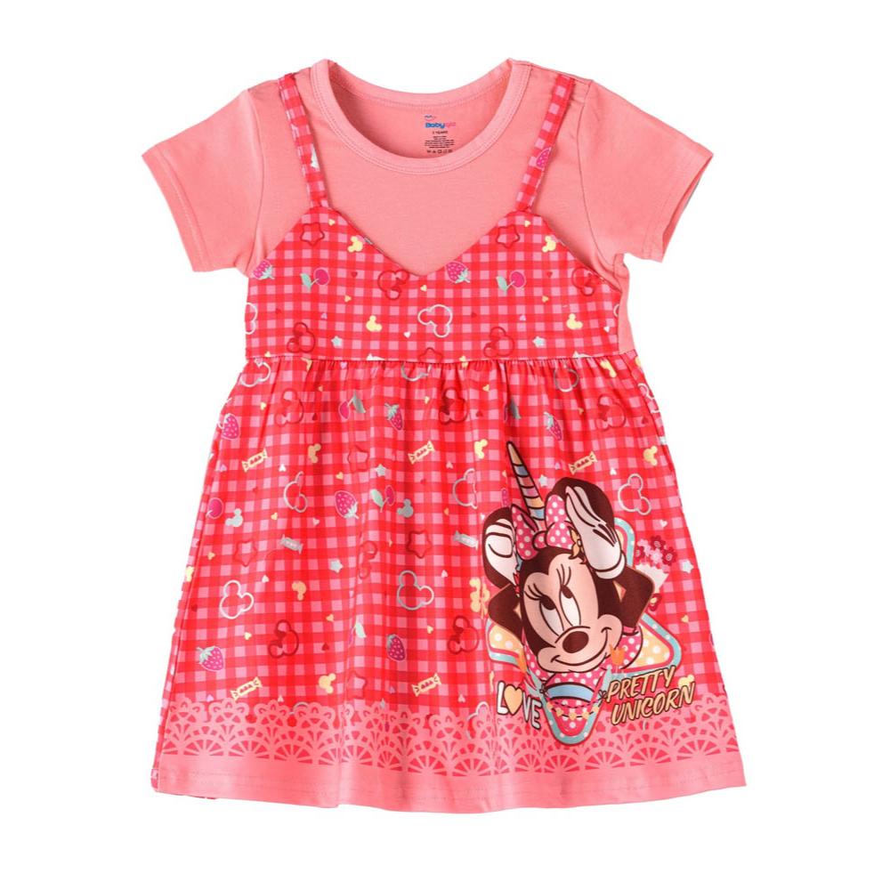 Babyqlo - Minnie Printed Spaghetti Strap Dress With Attached Tees For Girls - Red