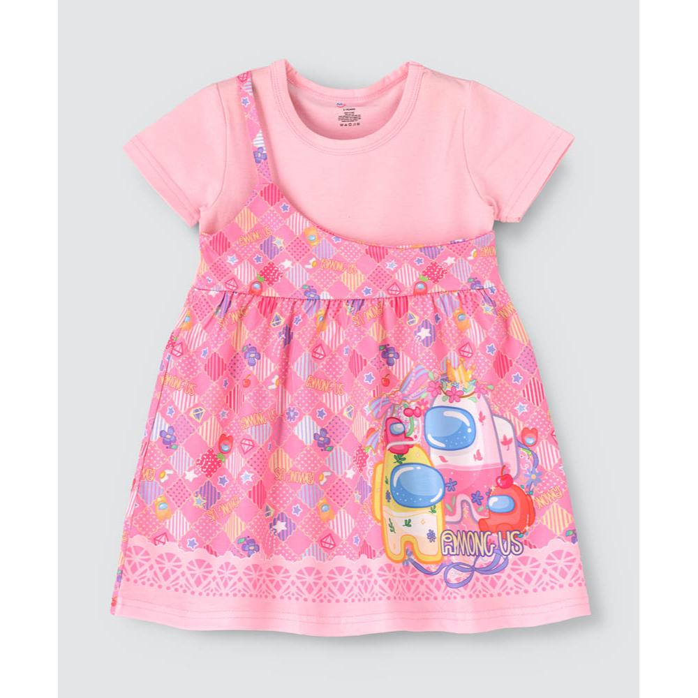 Babyqlo - One Shoulder Printed Spaghetti Dress With Attached T-shirt For Girls - Pink