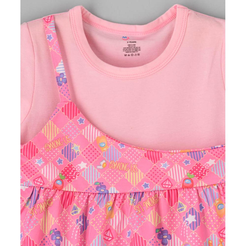 Babyqlo - One Shoulder Printed Spaghetti Dress With Attached T-shirt For Girls - Pink