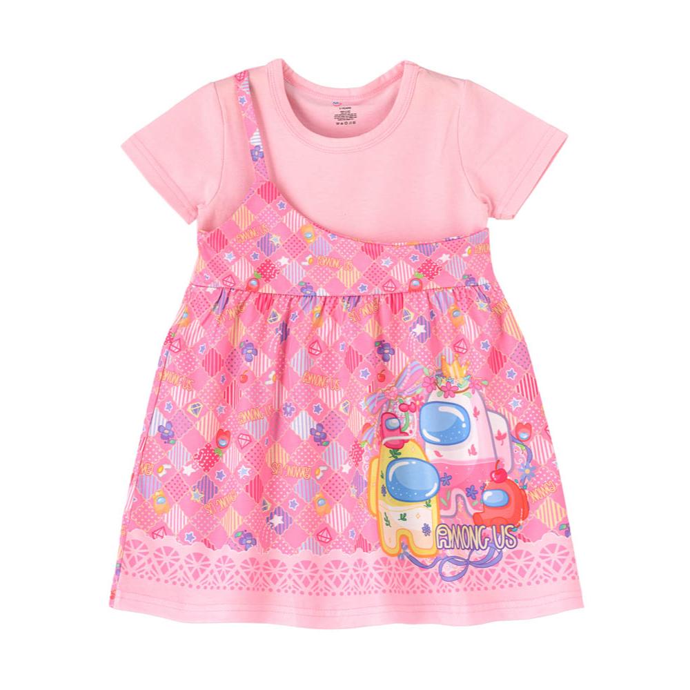 Babyqlo - One Shoulder Printed Spaghetti Dress With Attached T-shirt For Girls - Pink