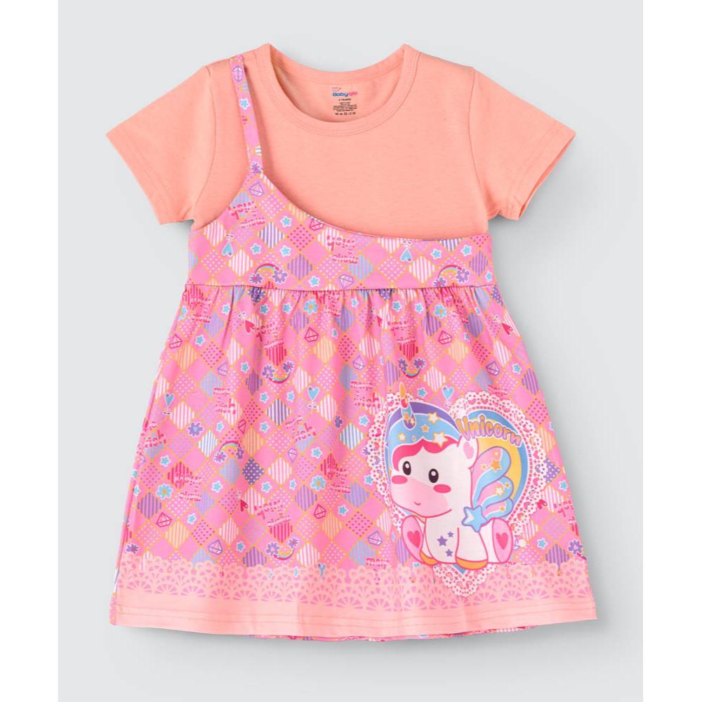 Babyqlo - One Shoulder Unicorn Printed Spaghetti Dress With Attached T-shirt For Girls - Pink