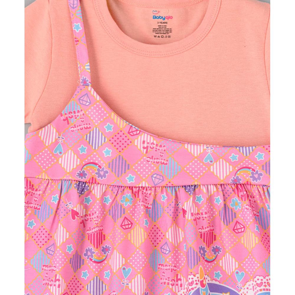 Babyqlo - One Shoulder Unicorn Printed Spaghetti Dress With Attached T-shirt For Girls - Pink