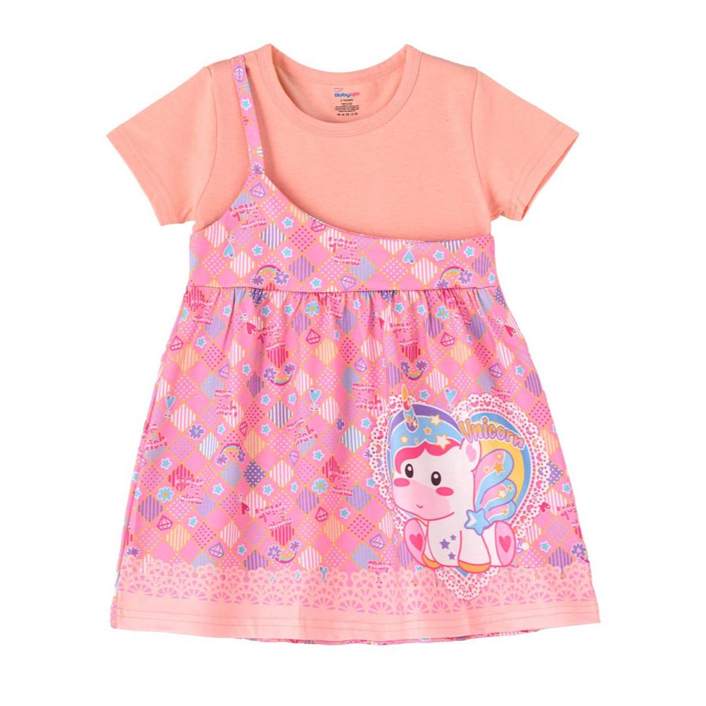 Babyqlo - One Shoulder Unicorn Printed Spaghetti Dress With Attached T-shirt For Girls - Pink