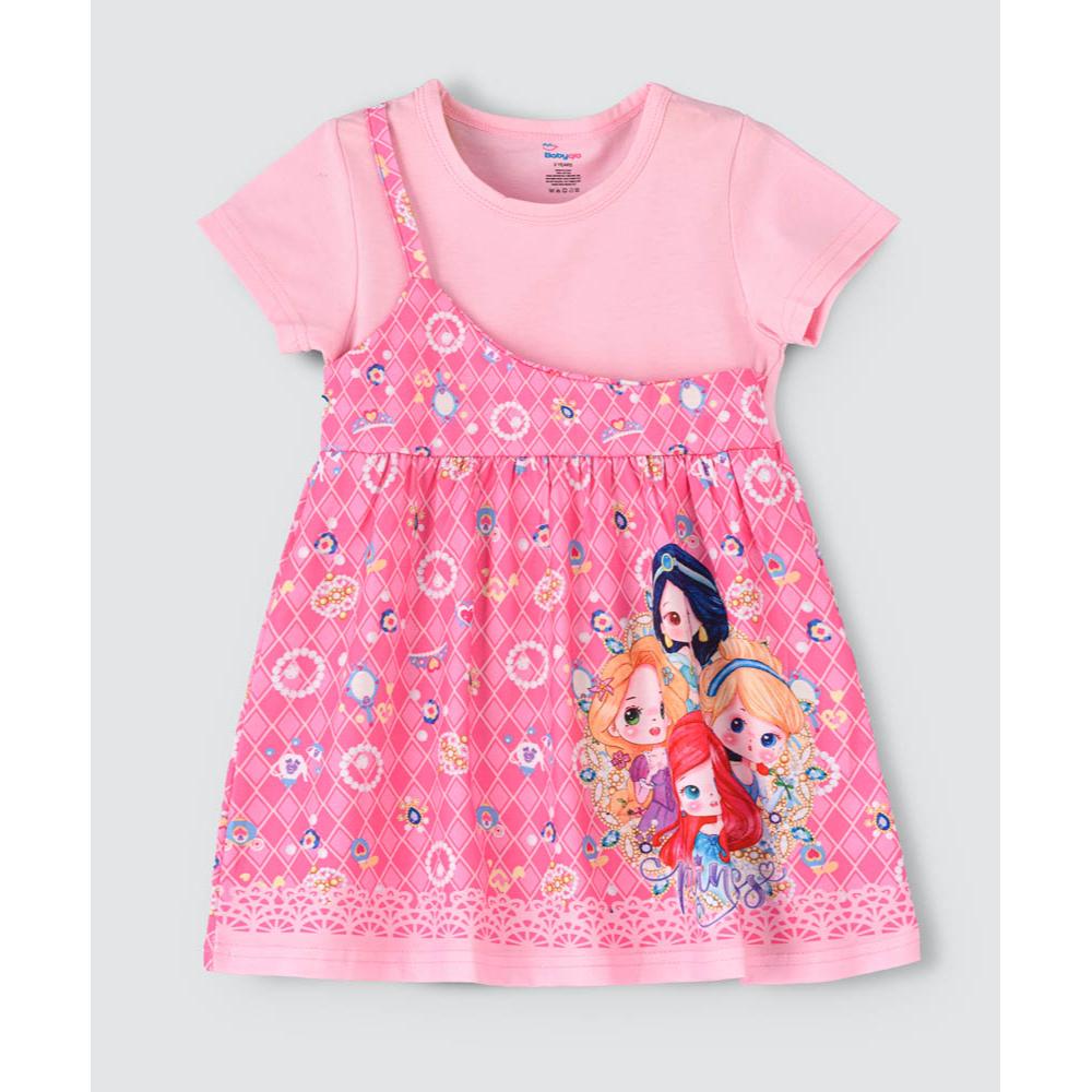 Babyqlo - Princess Printed Spaghetti Dress With Attached T-shirt For Girls - Pink
