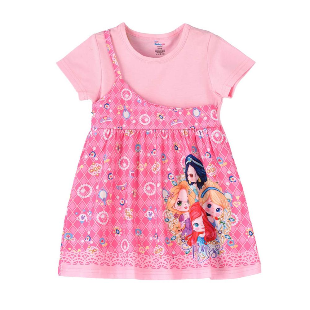 Babyqlo - Princess Printed Spaghetti Dress With Attached T-shirt For Girls - Pink