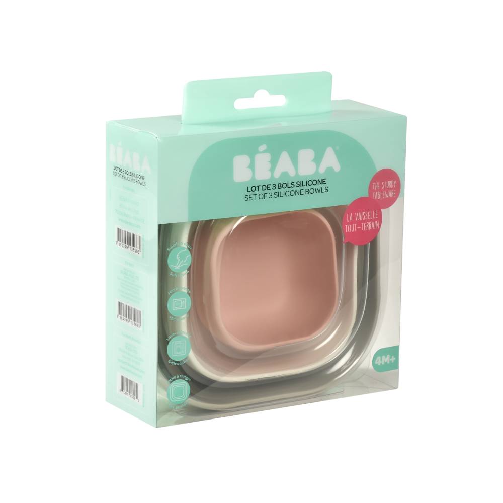 Beaba - Silicone Nesting Bowl Set - Velvet Grey Cotton Dusty Rose - 3 Pcs