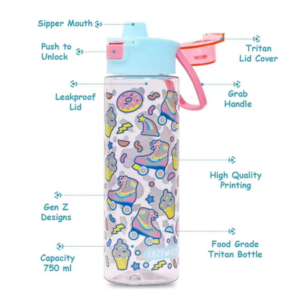 Eazy Kids - Gen Z Skater Tritan Water Bottle with Lid 750ml - Blue
