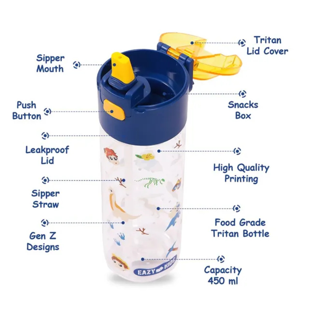 Eazy Kids - T-Rex Tritan Water Bottle with Snack Box 450ml - Blue