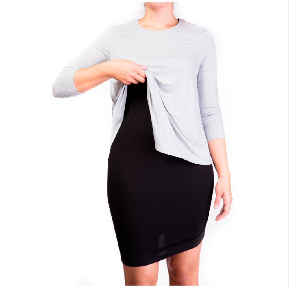 Mama Basic - Double Layer Maternity & Nursing Dress - Grey And Black