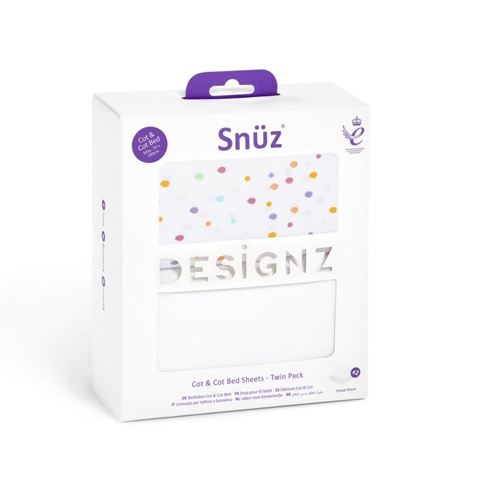 Snuz - Pod Light Breathable and 100% Soft Jersey Cotton Fitted Sheets For Cot & Cot Bed Pack of 2 - Color Spots