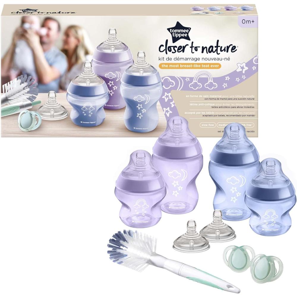 Tommee Tippee - Closer To Nature Newborn Baby Bottle Starter Kit Breast-Like Teats With Anti-Colic Valve Mixed Sizes Purple