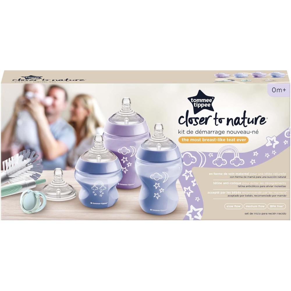 Tommee Tippee - Closer To Nature Newborn Baby Bottle Starter Kit Breast-Like Teats With Anti-Colic Valve Mixed Sizes Purple