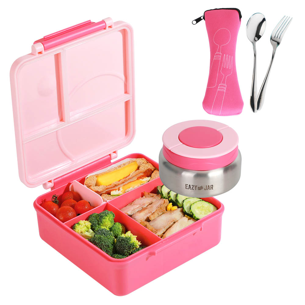 Eazy kids - 3/4 Jumbo Lunch Box with Bowl, Spoon & Fork - Pink