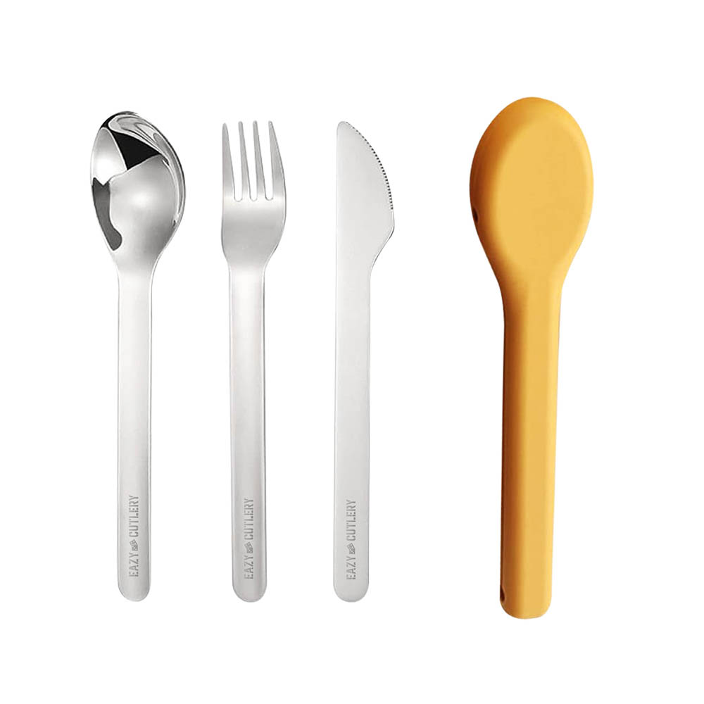 Eazy kids - Cutlery Set - Stainless Steel Spoon, Fork & Knife with Silicone Case (Yellow)