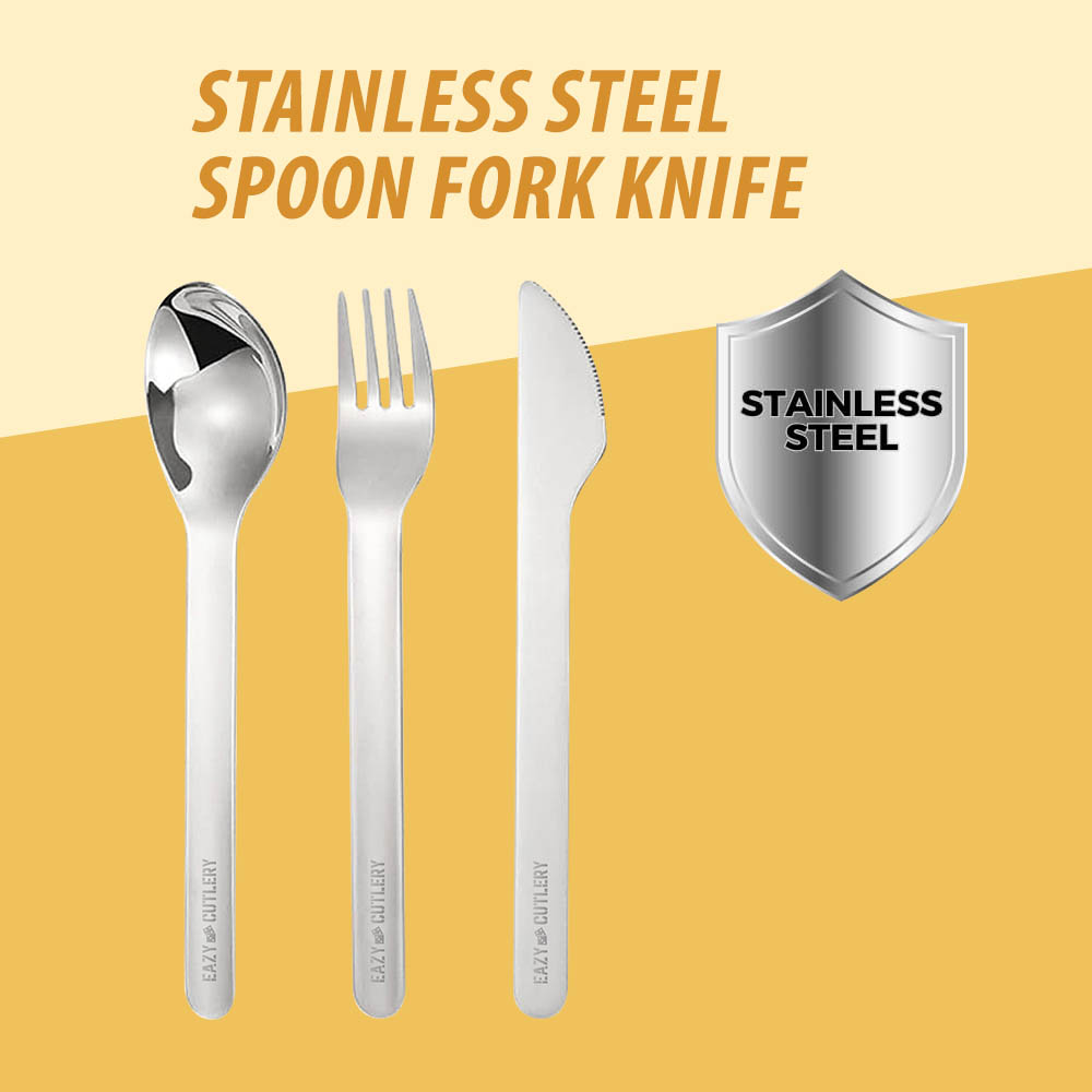 Eazy kids - Cutlery Set - Stainless Steel Spoon, Fork & Knife with Silicone Case (Yellow)