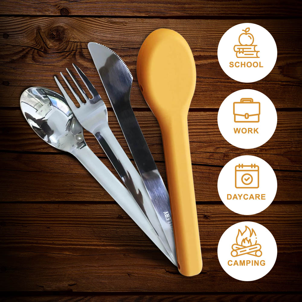 Eazy kids - Cutlery Set - Stainless Steel Spoon, Fork & Knife with Silicone Case (Yellow)