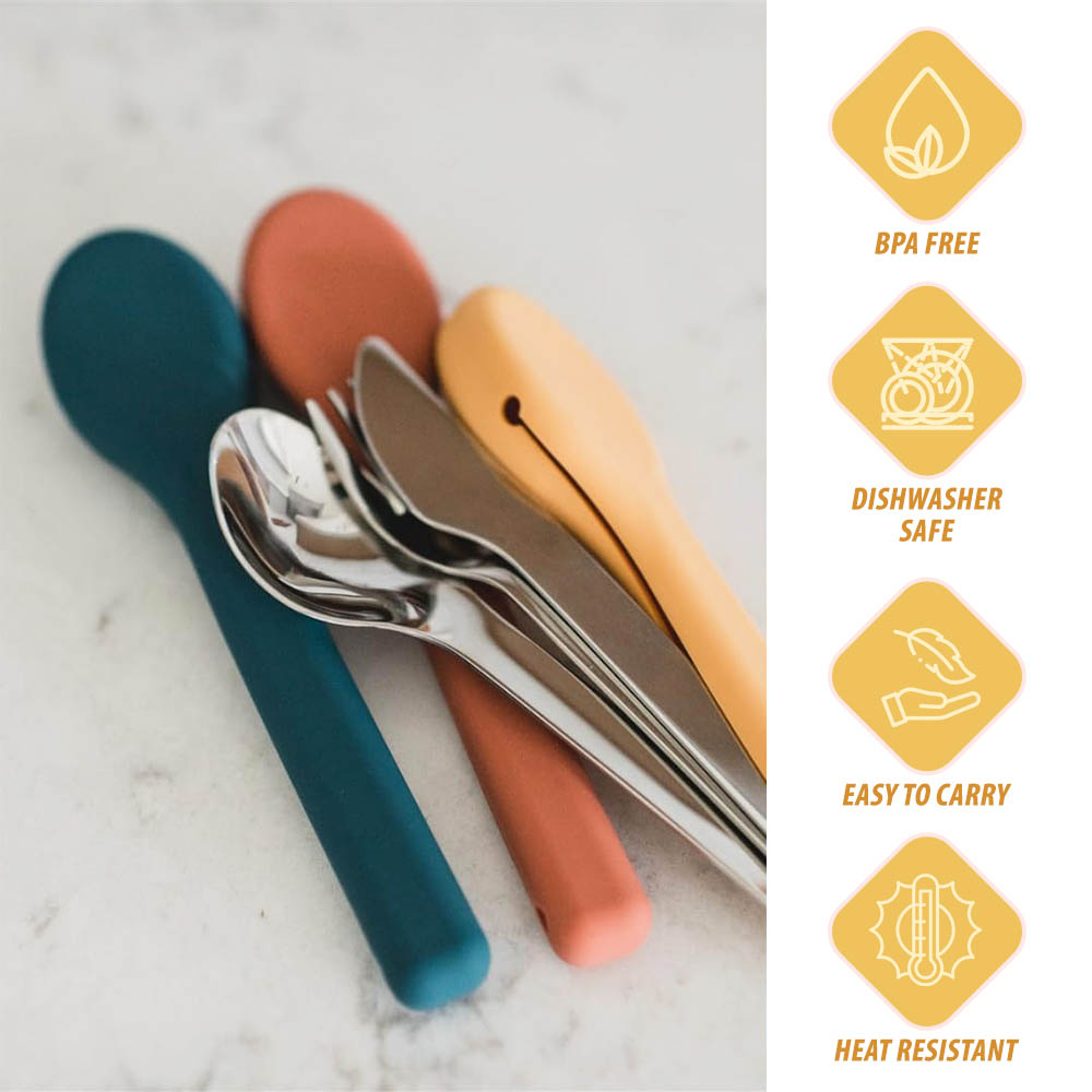 Eazy kids - Cutlery Set - Stainless Steel Spoon, Fork & Knife with Silicone Case (Yellow)