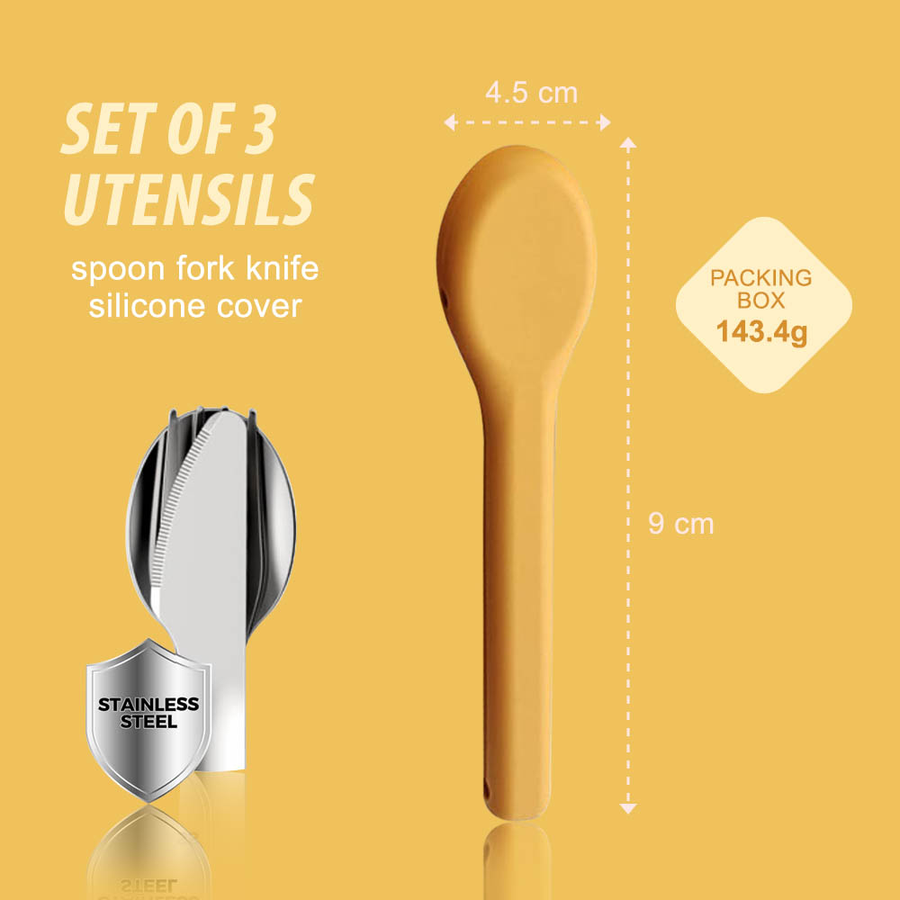 Eazy kids - Cutlery Set - Stainless Steel Spoon, Fork & Knife with Silicone Case (Yellow)