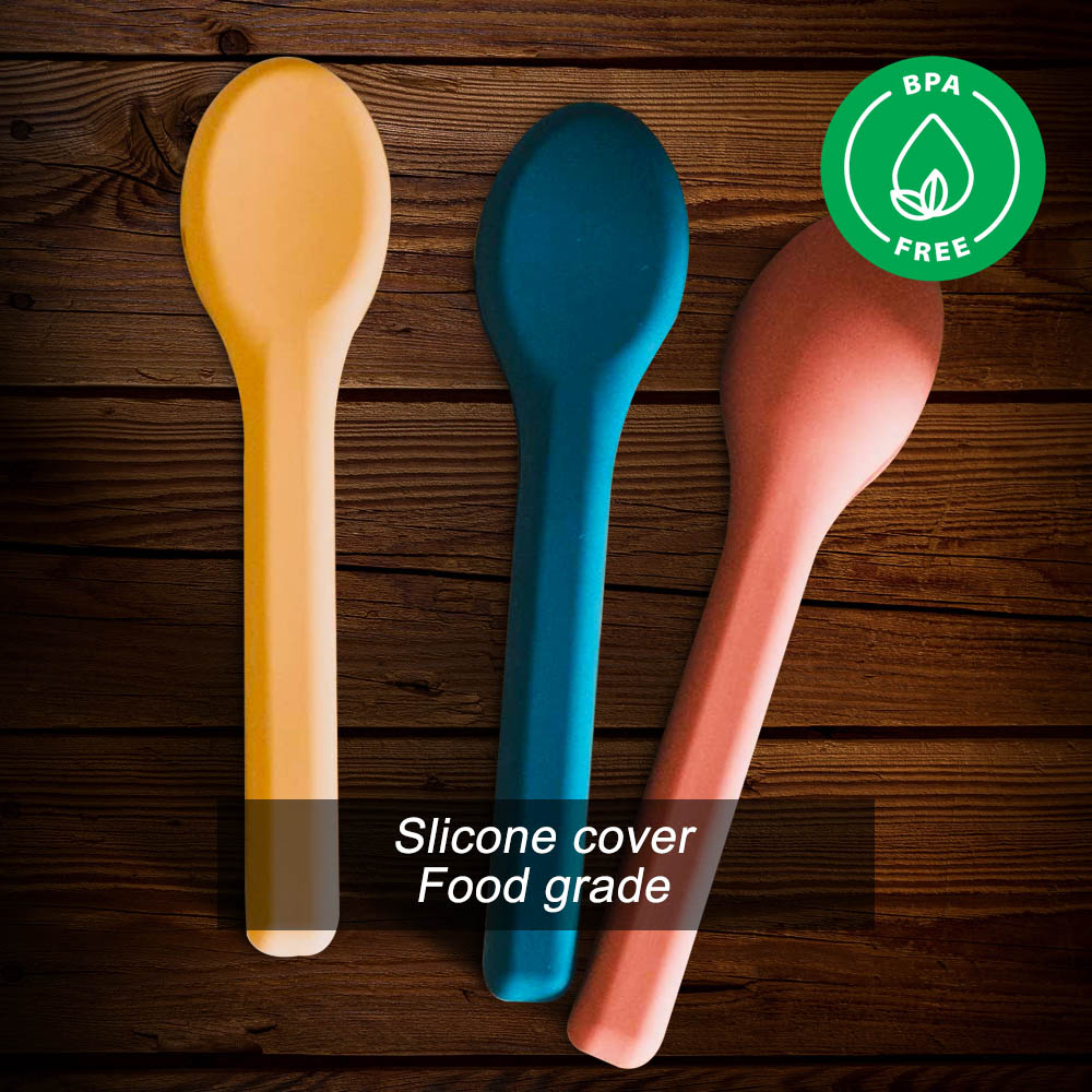 Eazy kids - Cutlery Set - Stainless Steel Spoon, Fork & Knife with Silicone Case (Yellow)