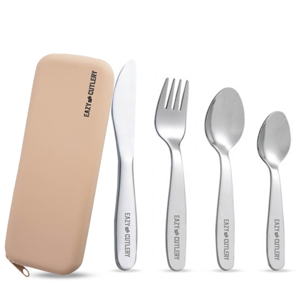 Eazy kids - Set of 4 Cutlery (Spoon, Fork, Knife & Tea Spoon) with Silicon Pouch – Ivory