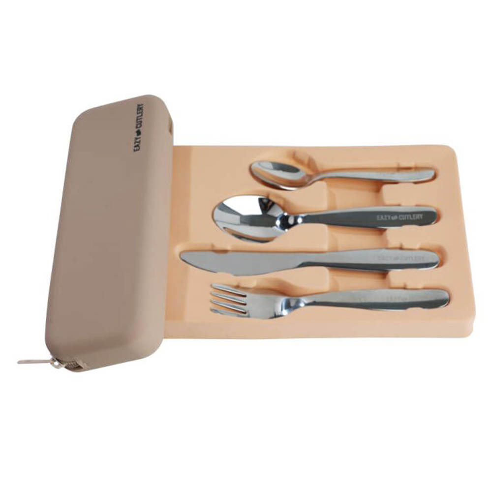Eazy kids - Set of 4 Cutlery (Spoon, Fork, Knife & Tea Spoon) with Silicon Pouch – Ivory