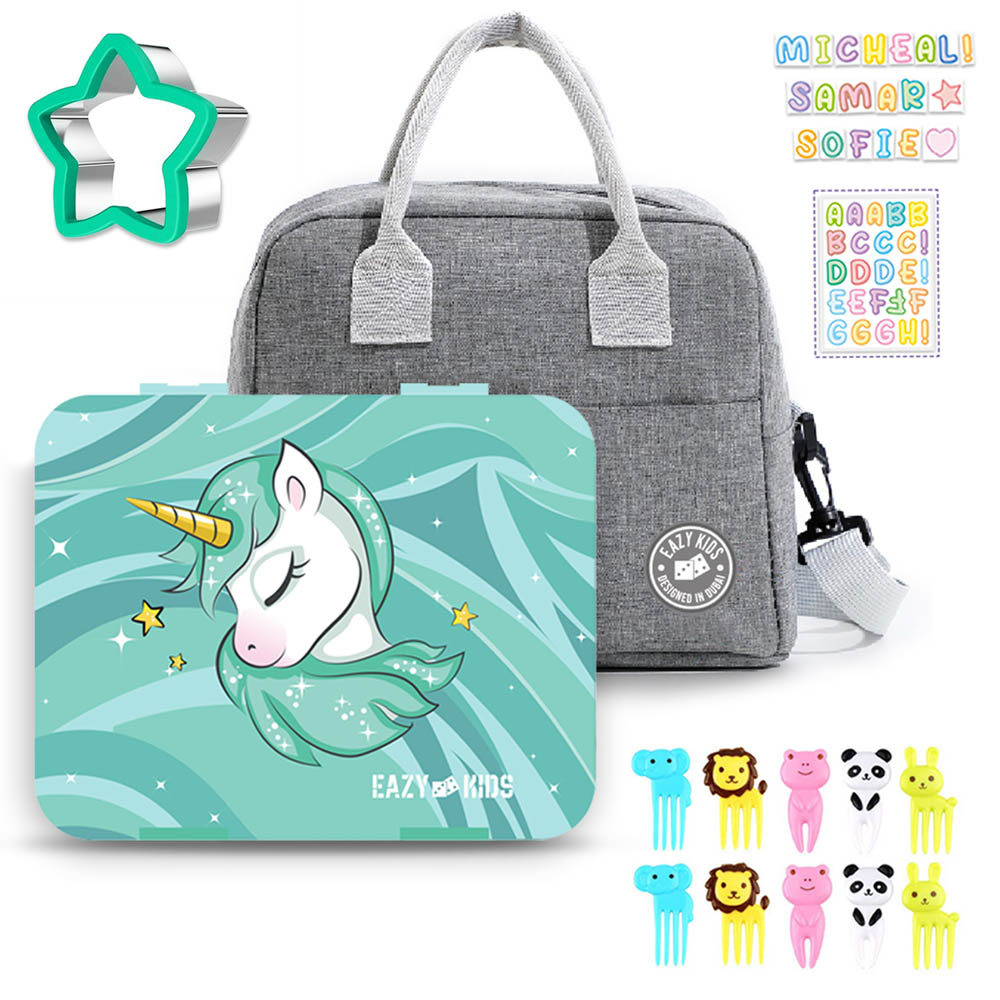 Eazy kids - Unicorn Green 6 / 4 Compartment Bento Lunch Box with Lunch Bag - Grey