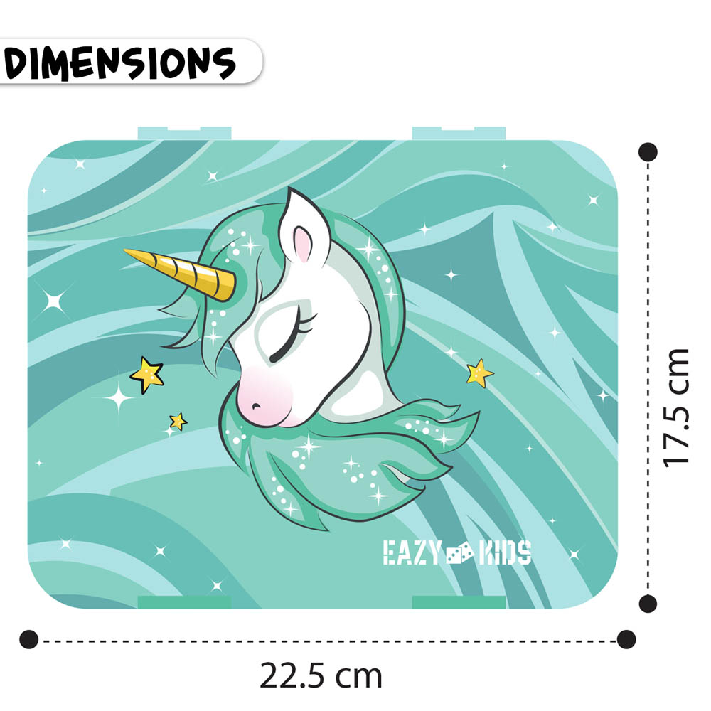 Eazy kids - Unicorn Green 6 / 4 Compartment Bento Lunch Box with Lunch Bag - Grey