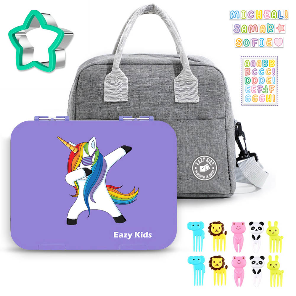 Eazy kids - Unicorn Purple 6 Compartment Bento Lunch Box with Lunch Bag - Grey